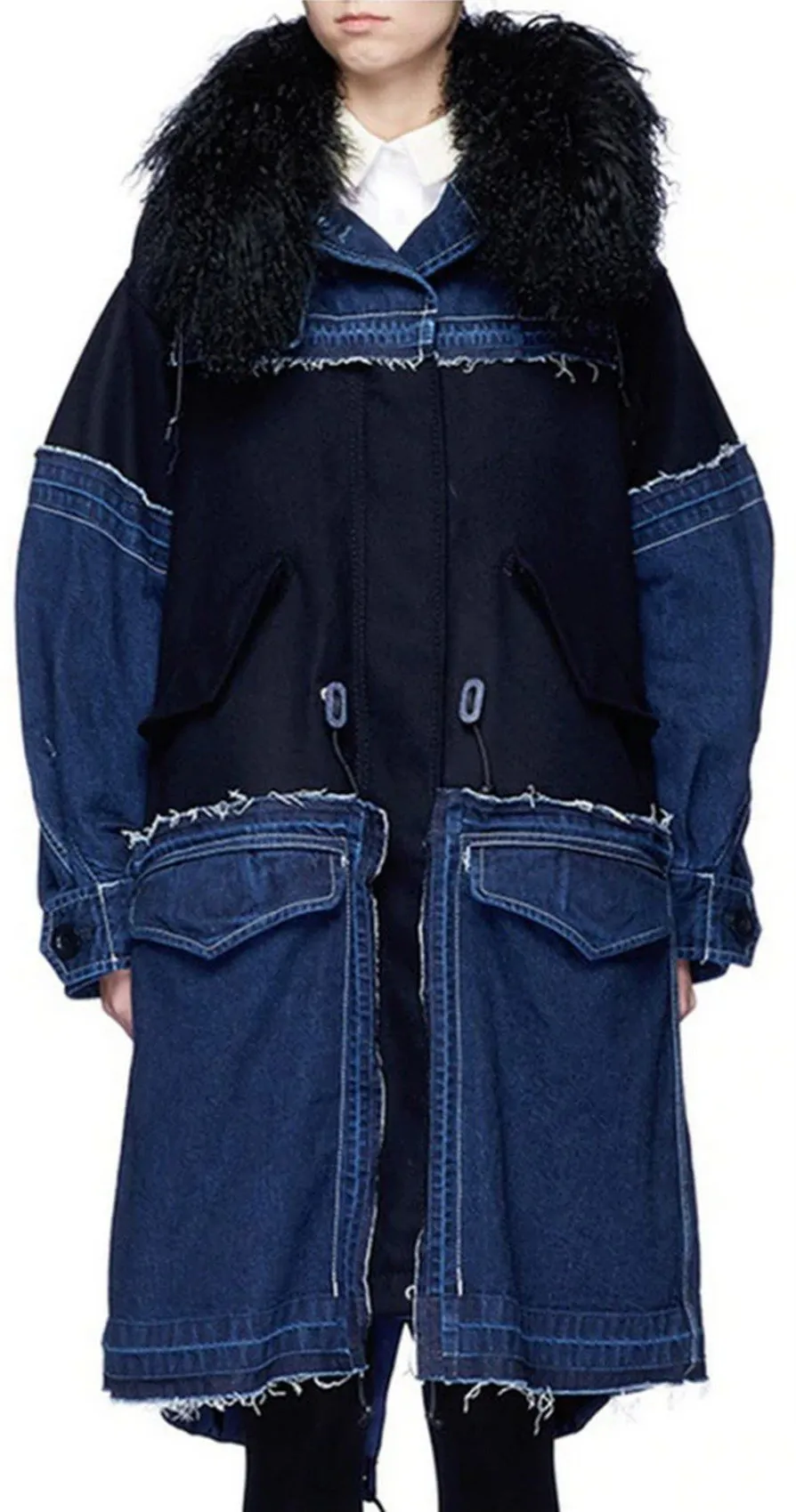 Frayed Denim-Patch Wool-Fur Collar Coat