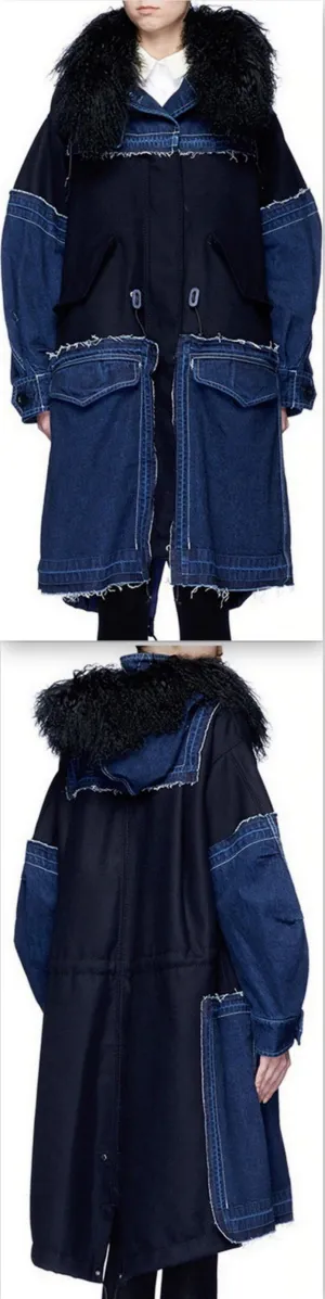 Frayed Denim-Patch Wool-Fur Collar Coat