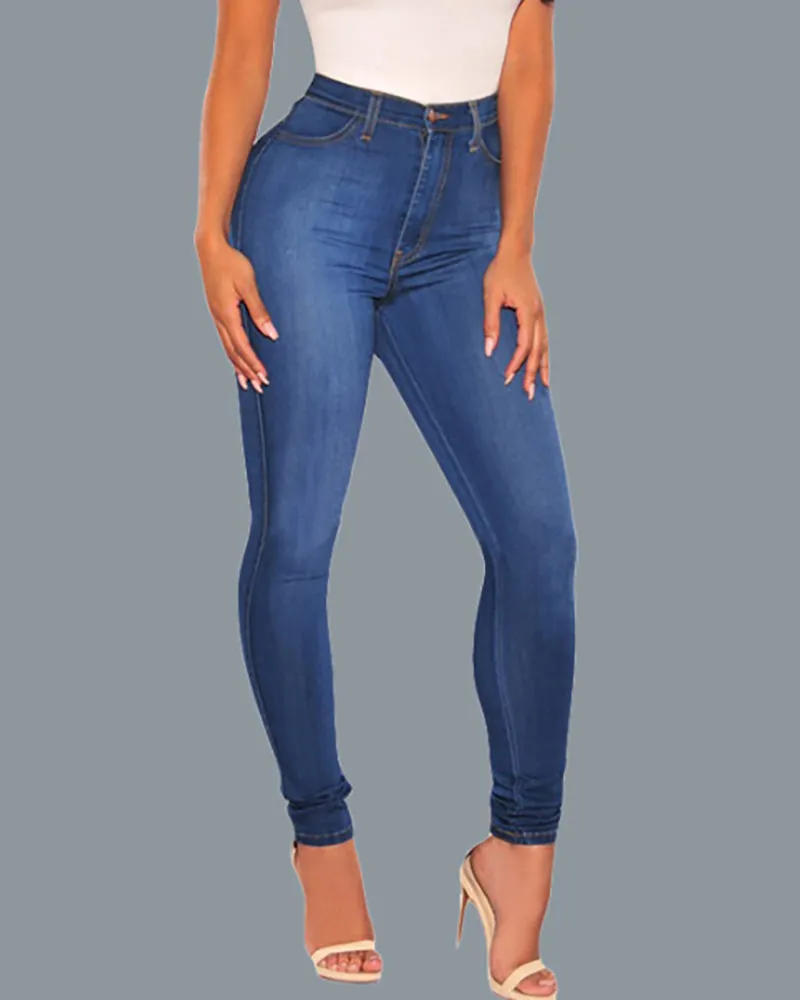 High Waist Single Button Pocket Design Casual Denim Pants