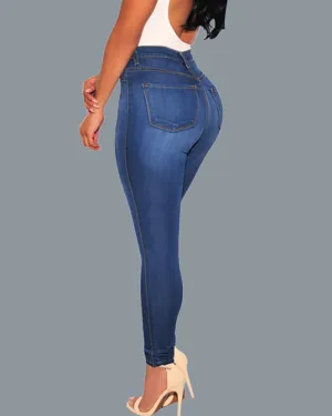 High Waist Single Button Pocket Design Casual Denim Pants