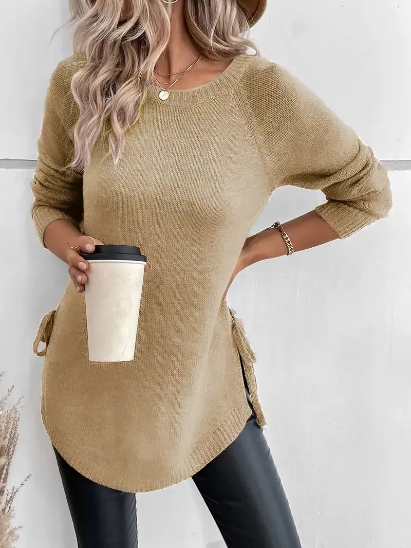 Ivyshape | Curved Hem Crew Neck Sweater