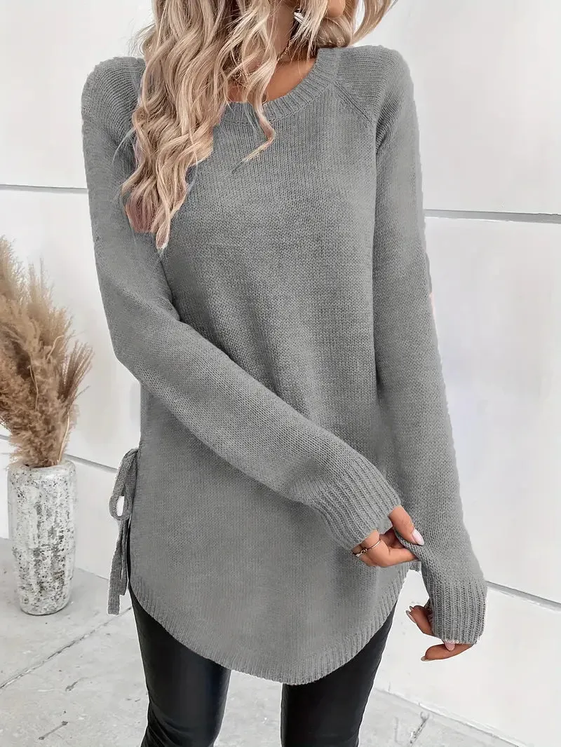 Ivyshape | Curved Hem Crew Neck Sweater