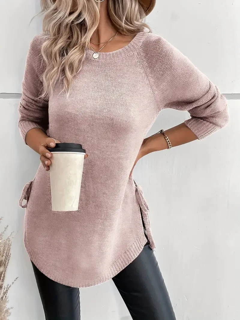 Ivyshape | Curved Hem Crew Neck Sweater