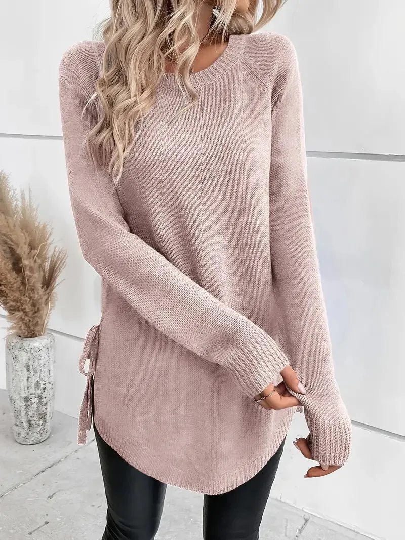 Ivyshape | Curved Hem Crew Neck Sweater