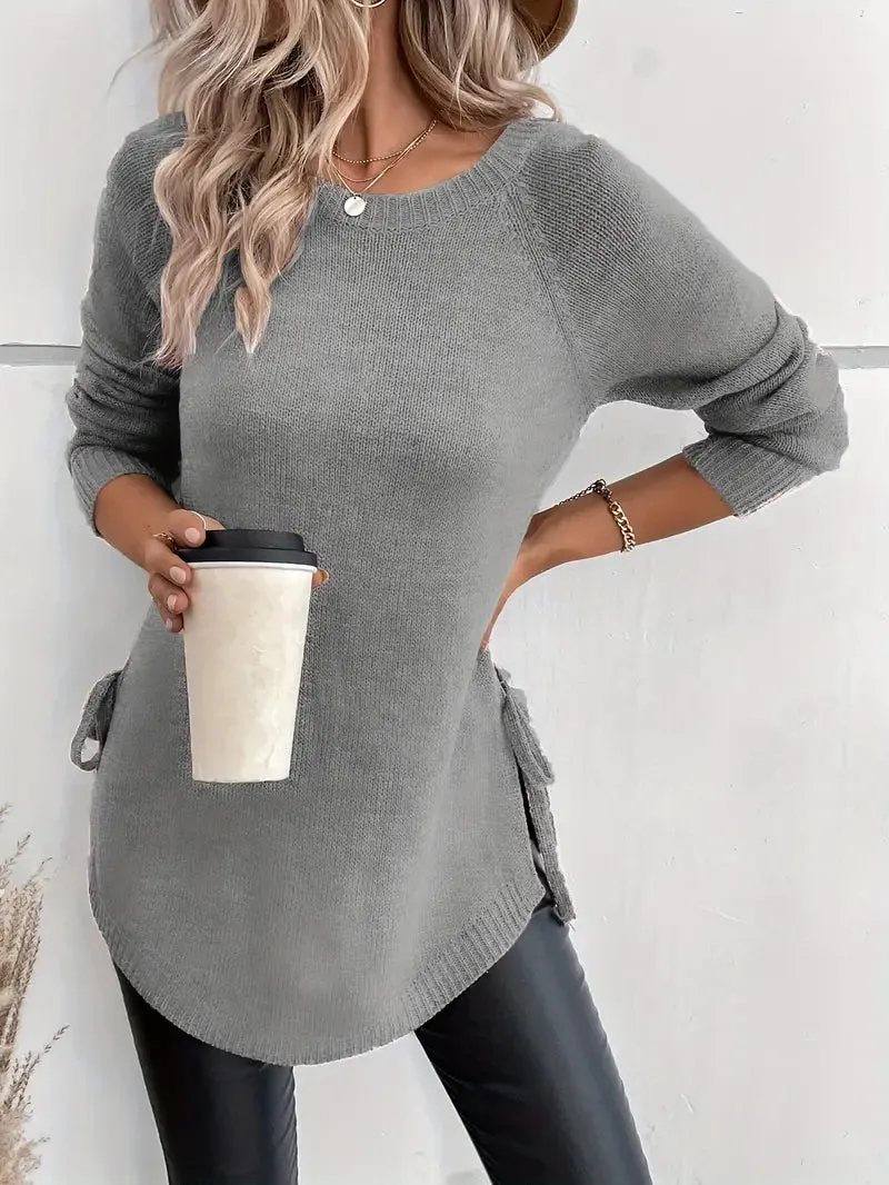 Ivyshape | Curved Hem Crew Neck Sweater