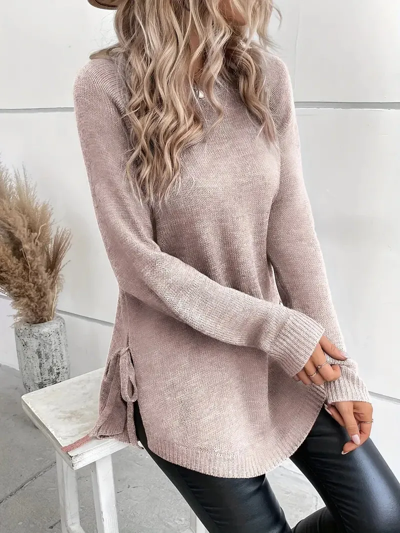 Ivyshape | Curved Hem Crew Neck Sweater