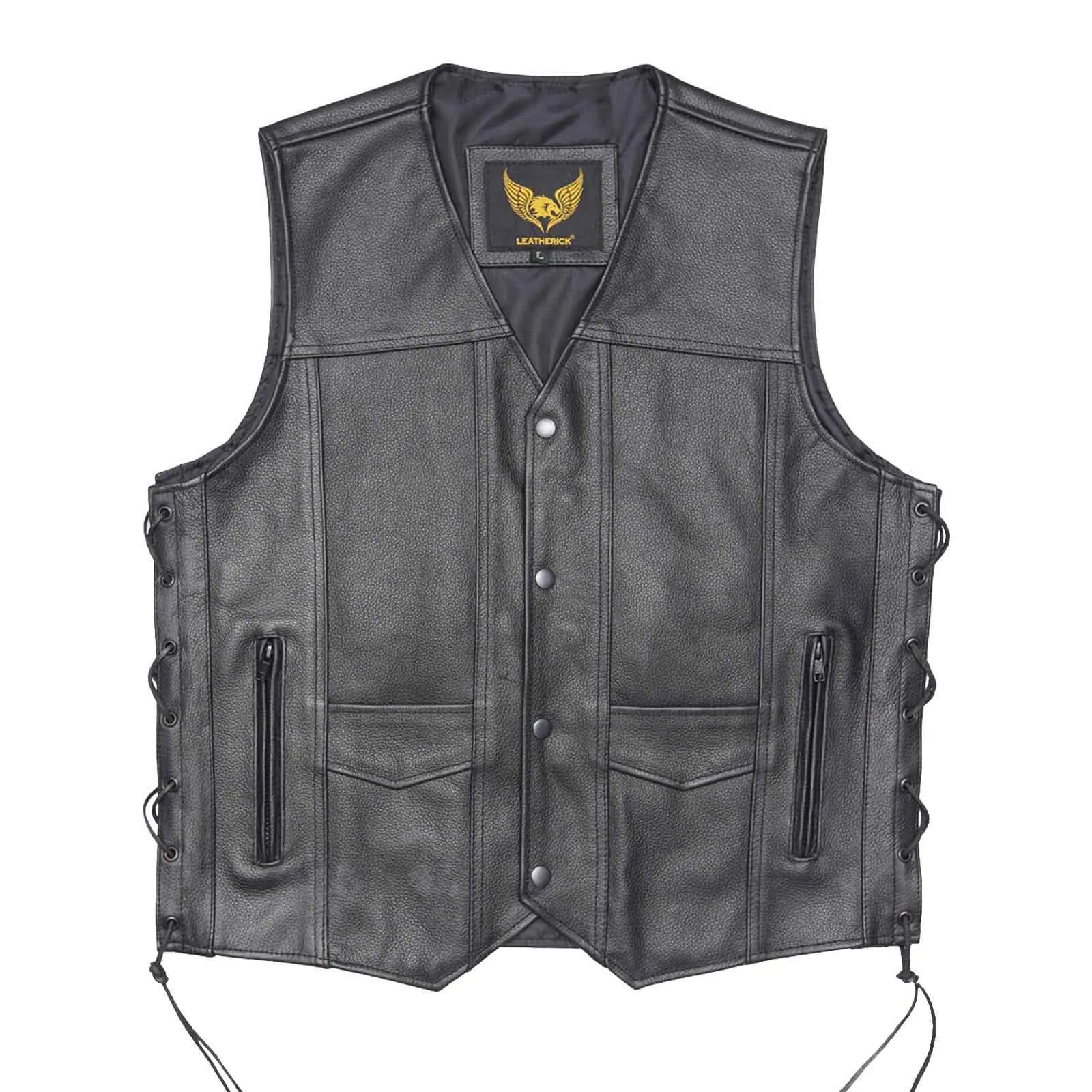 Leather Side Laces Black Motorcycle Vest