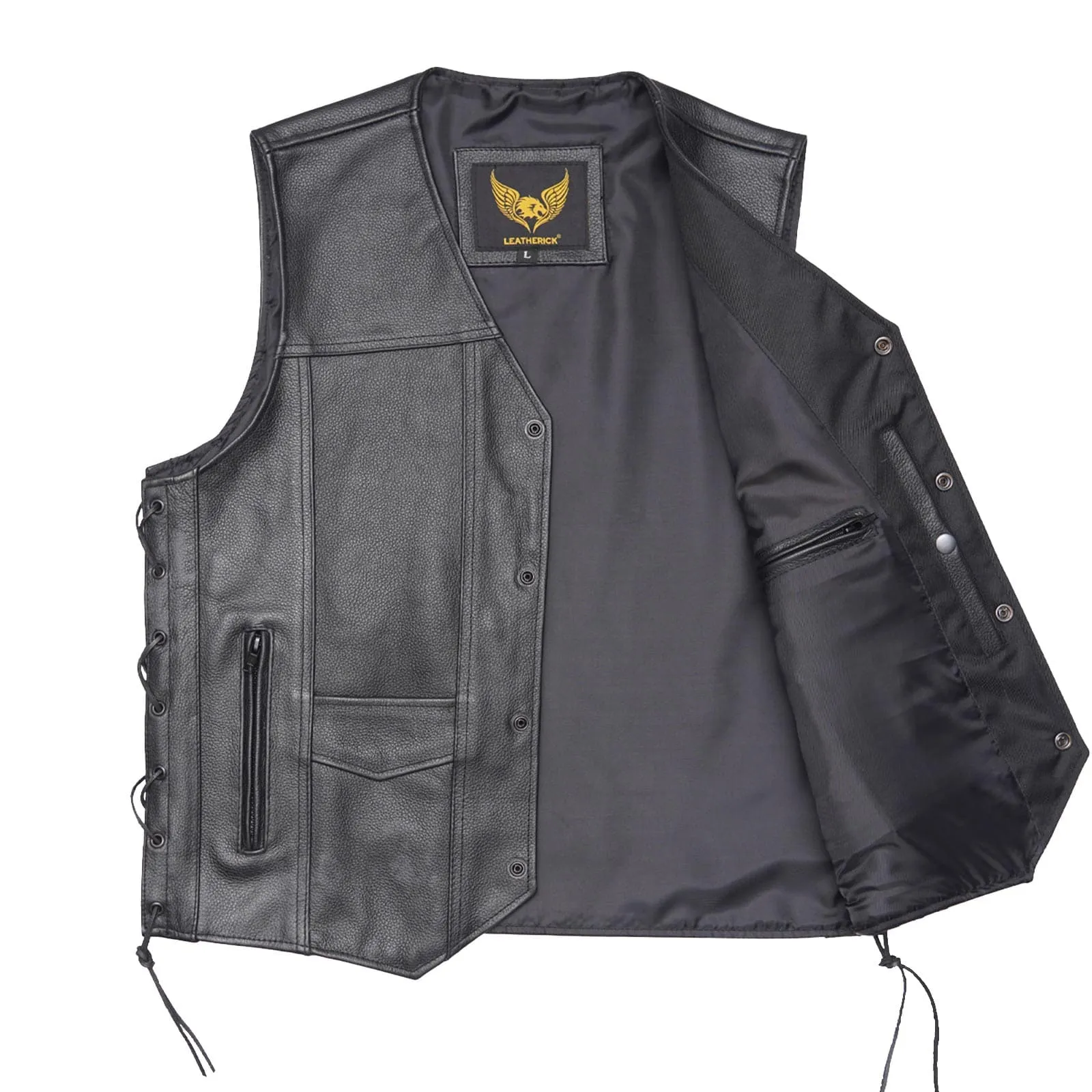 Leather Side Laces Black Motorcycle Vest