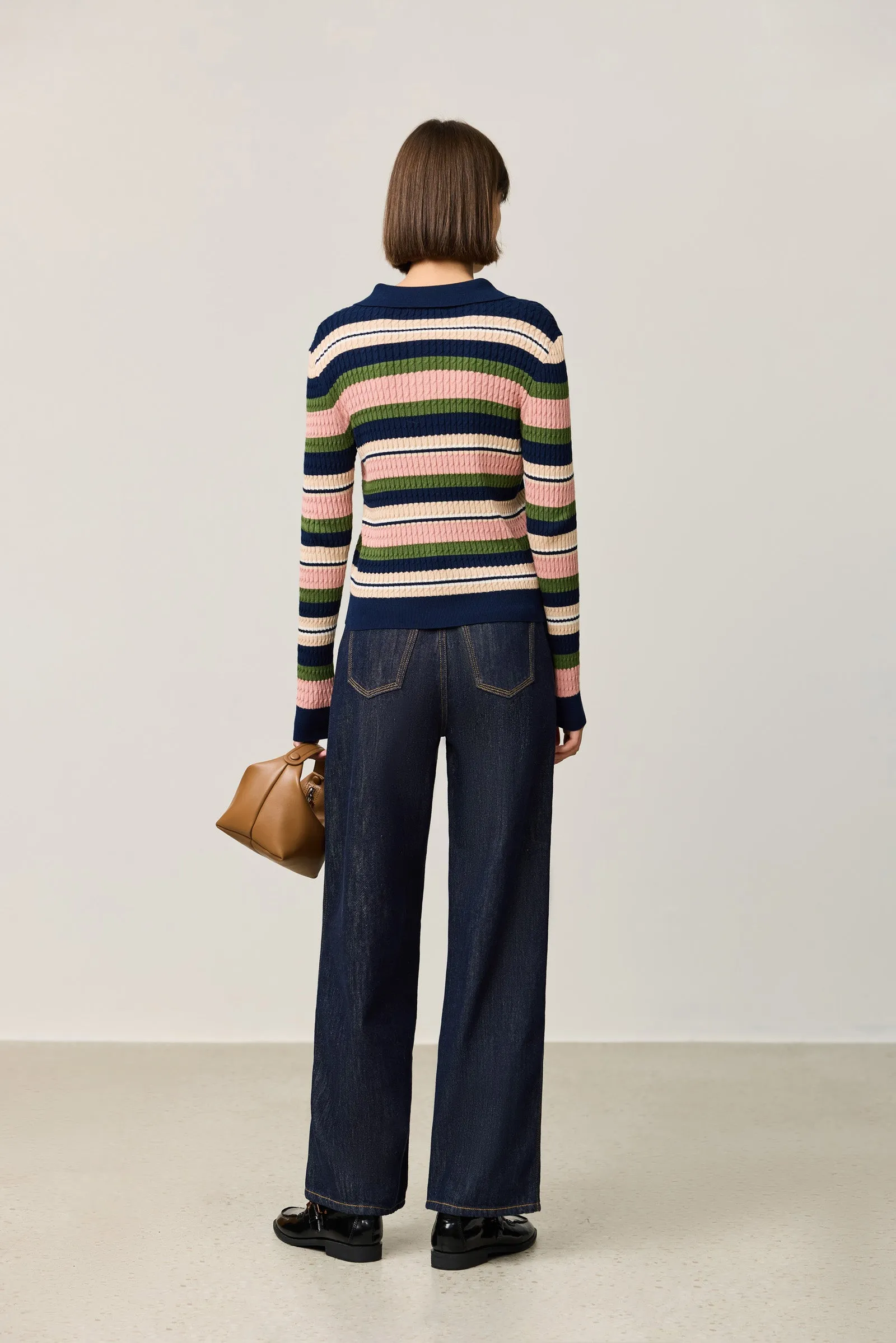 LILY Vintage Contrast Striped Polo Knit Sweater