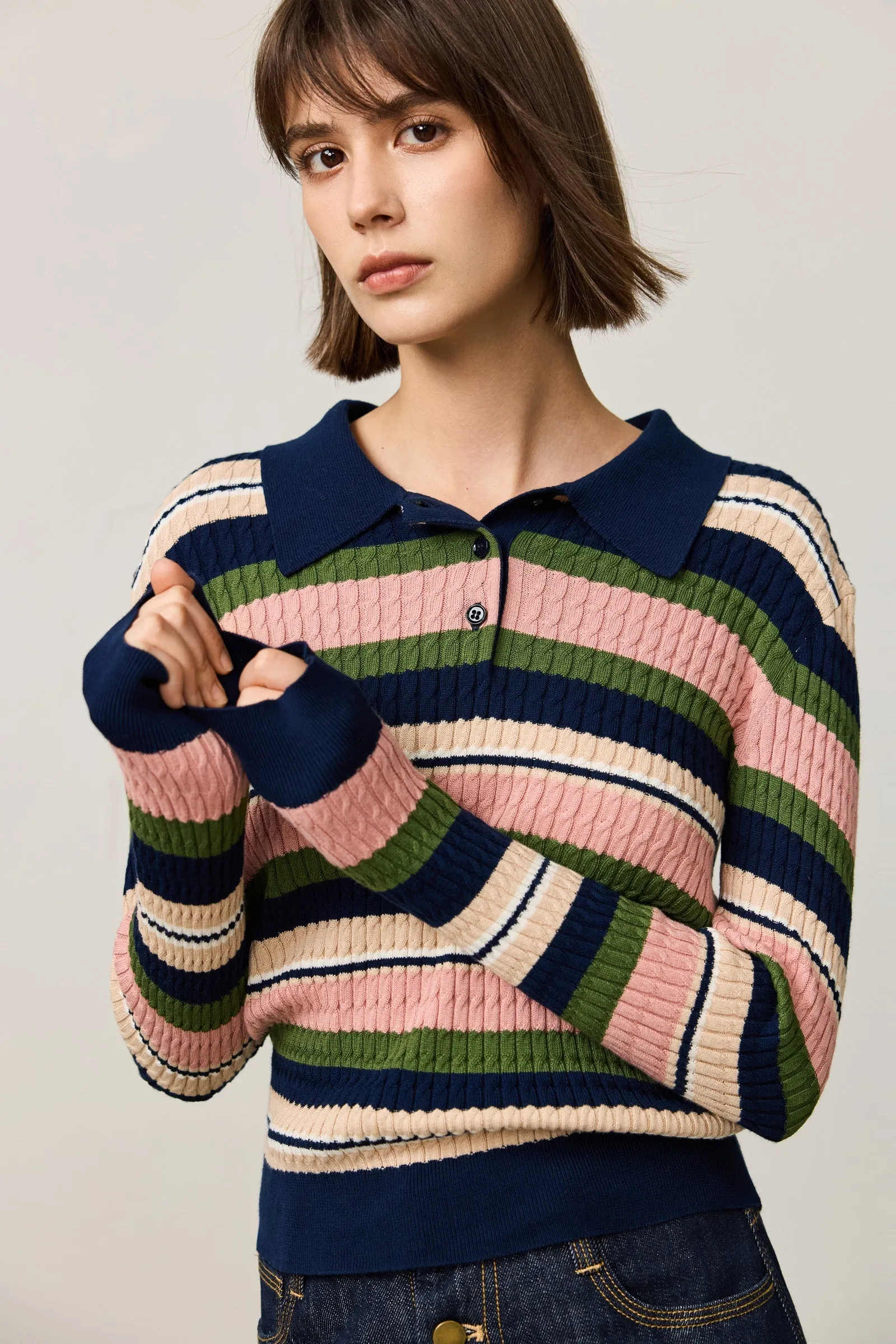 LILY Vintage Contrast Striped Polo Knit Sweater