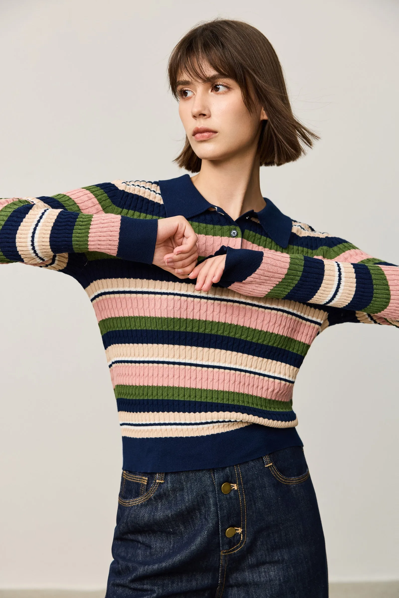 LILY Vintage Contrast Striped Polo Knit Sweater