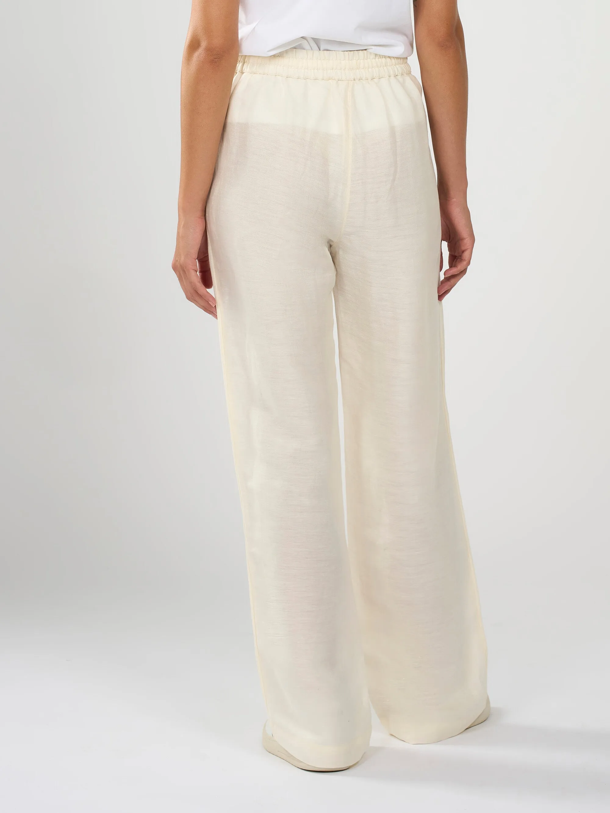 Linen Mix Elastic Waist Pants - Buttercream