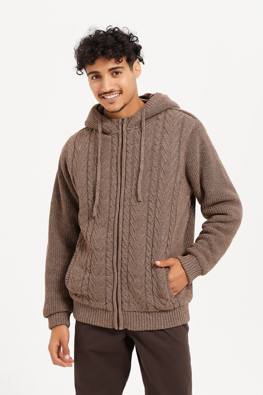 Men Brown Knitted Zip Thru Hooded Pullover