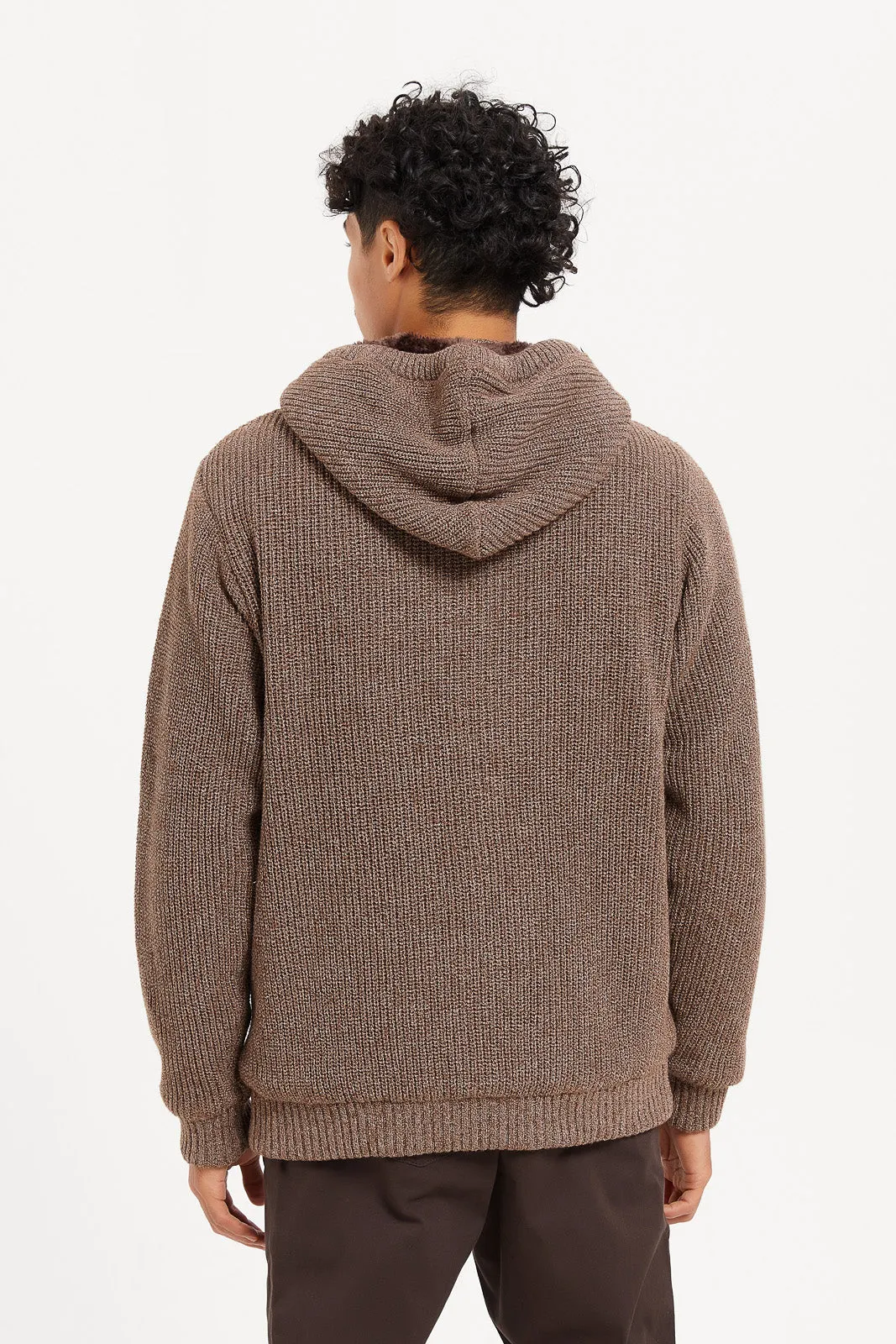 Men Brown Knitted Zip Thru Hooded Pullover