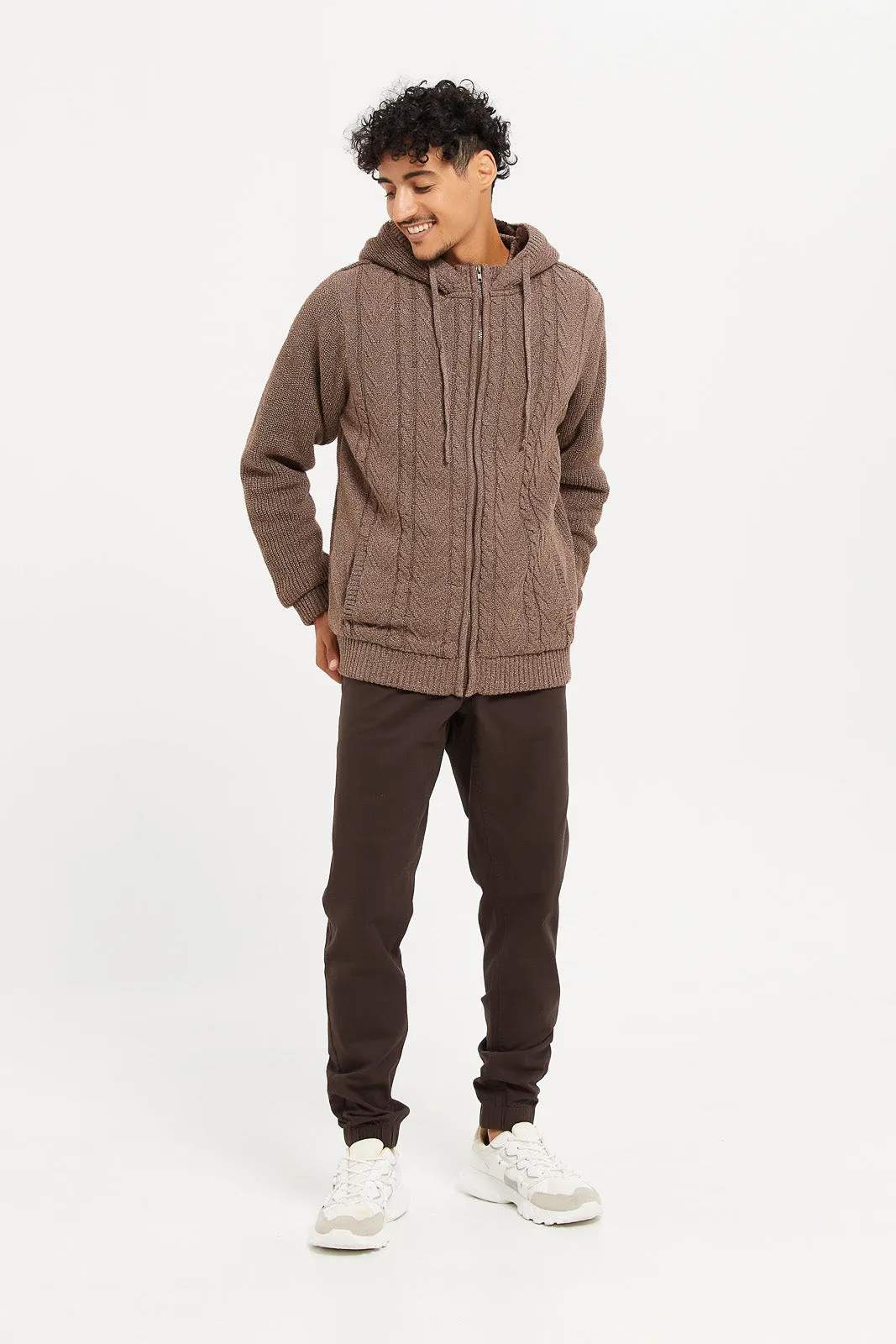 Men Brown Knitted Zip Thru Hooded Pullover