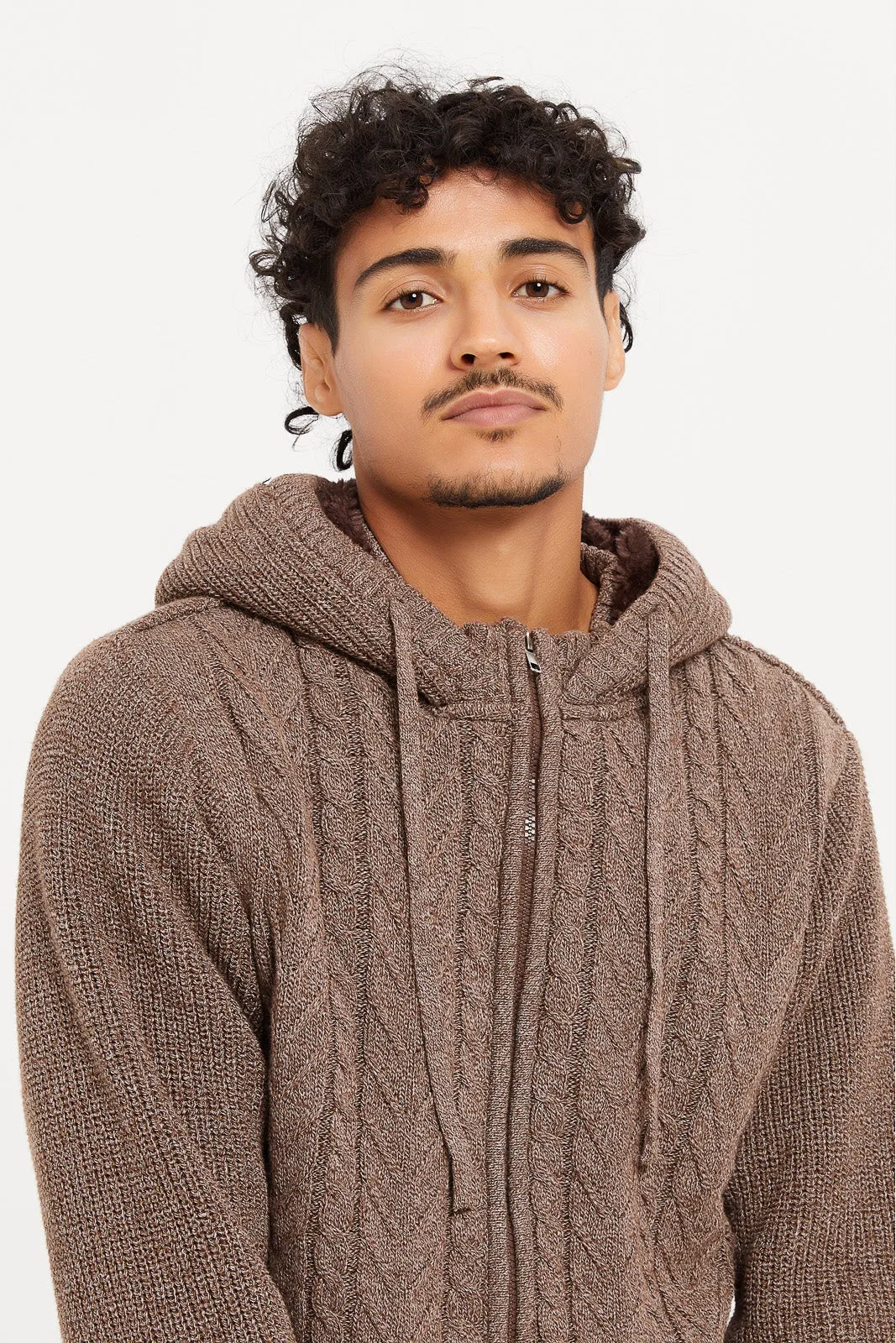 Men Brown Knitted Zip Thru Hooded Pullover