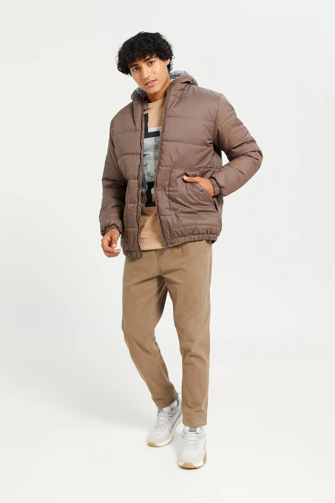 Men Brown Puffer Hooded Jacket