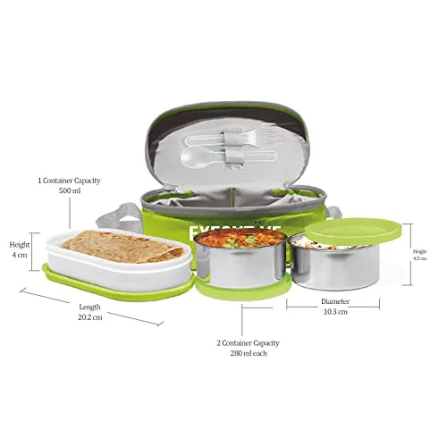 MILTON Executive Lunch Insulated Tiffin, 2 Round Containers, 280 ml Each, 1 Oval Container, 450 ml, Green| Microwave Safe | Easy to Carry | Leak Proof | Insulated Tiffin | Hot Food