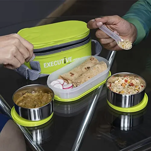 MILTON Executive Lunch Insulated Tiffin, 2 Round Containers, 280 ml Each, 1 Oval Container, 450 ml, Green| Microwave Safe | Easy to Carry | Leak Proof | Insulated Tiffin | Hot Food