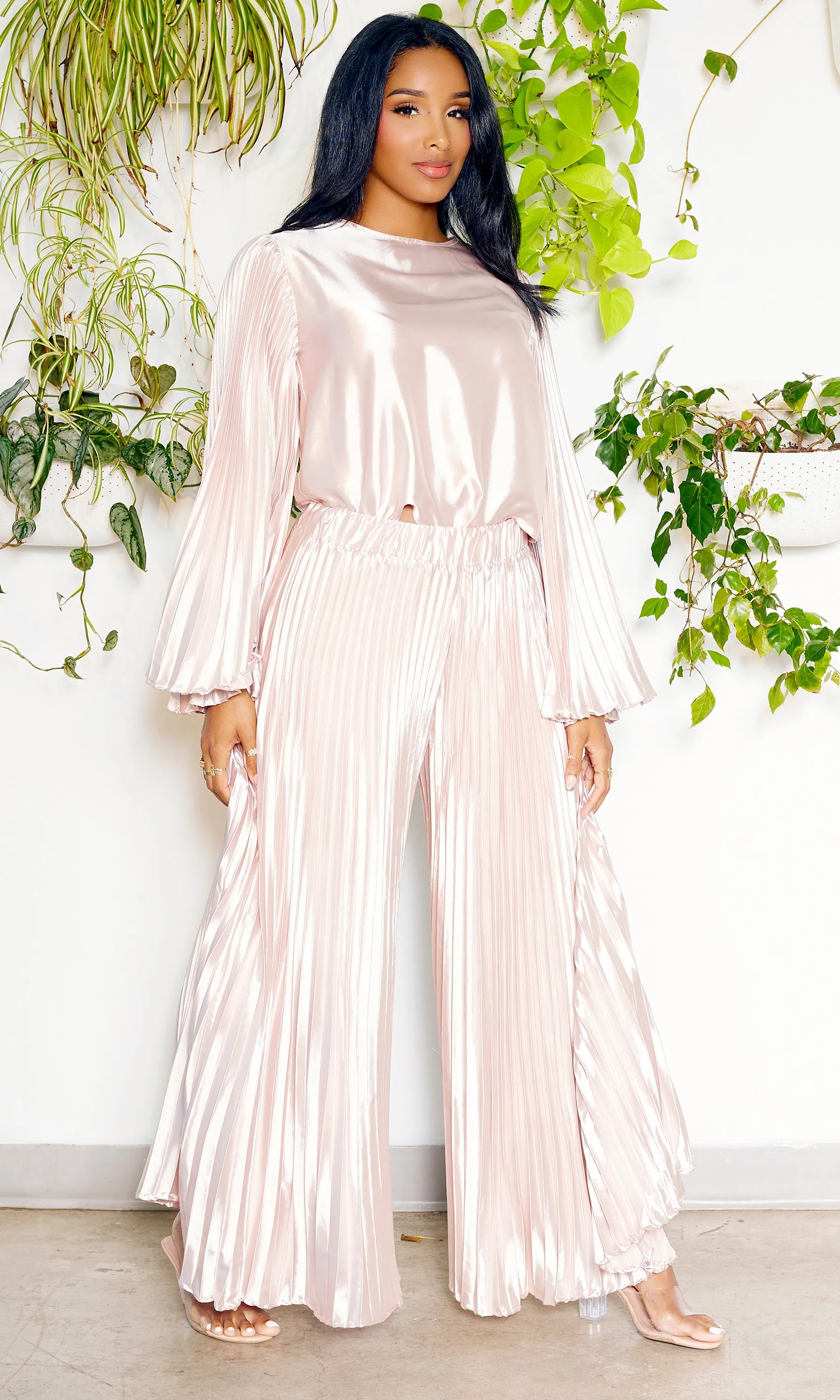 Pleated Chic | Long Sleeves Satin Set - Champagne