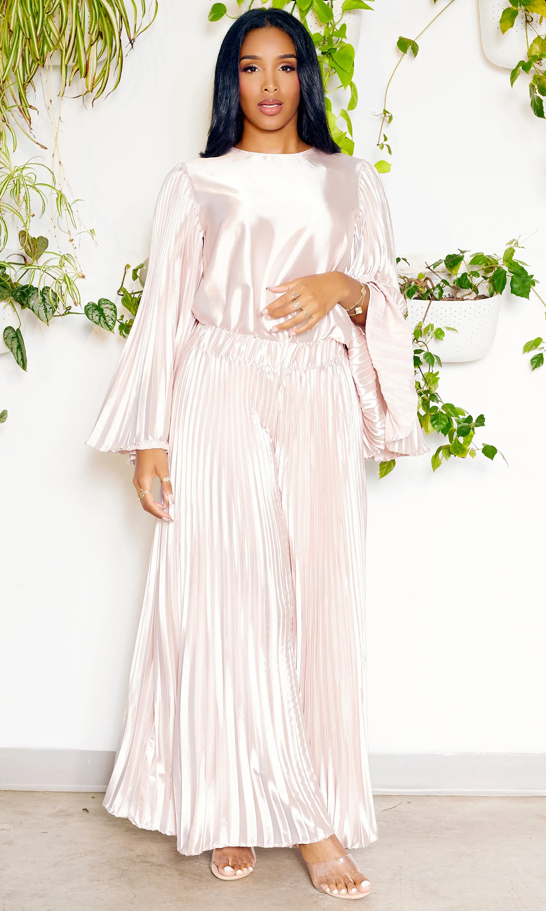 Pleated Chic | Long Sleeves Satin Set - Champagne