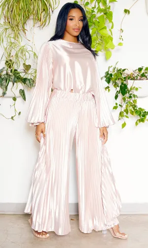 Pleated Chic | Long Sleeves Satin Set - Champagne