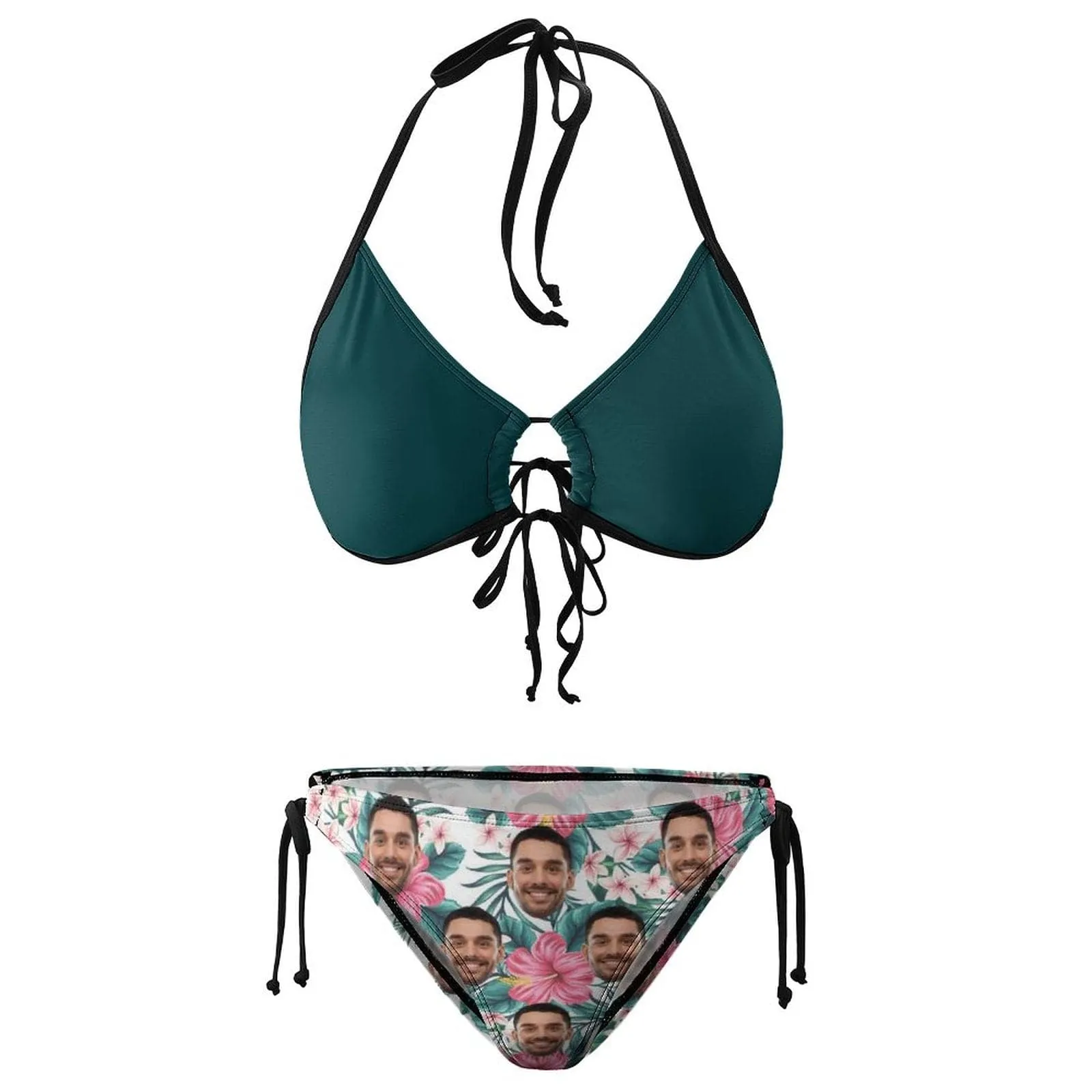 #Plus Size Halter Trikini-Custom Face Green Plus Size Swimsuit String Link Halter Tie Side Low Waisted Triangle Bikini Personalized Bathing Suit