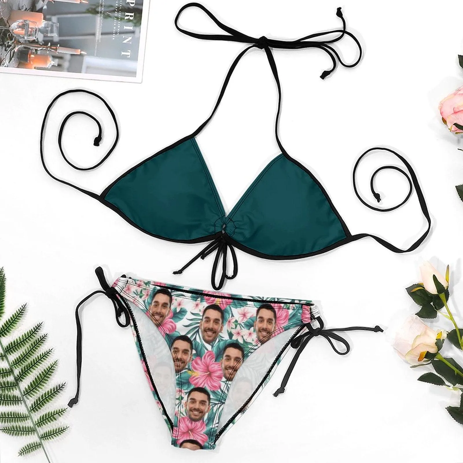 #Plus Size Halter Trikini-Custom Face Green Plus Size Swimsuit String Link Halter Tie Side Low Waisted Triangle Bikini Personalized Bathing Suit