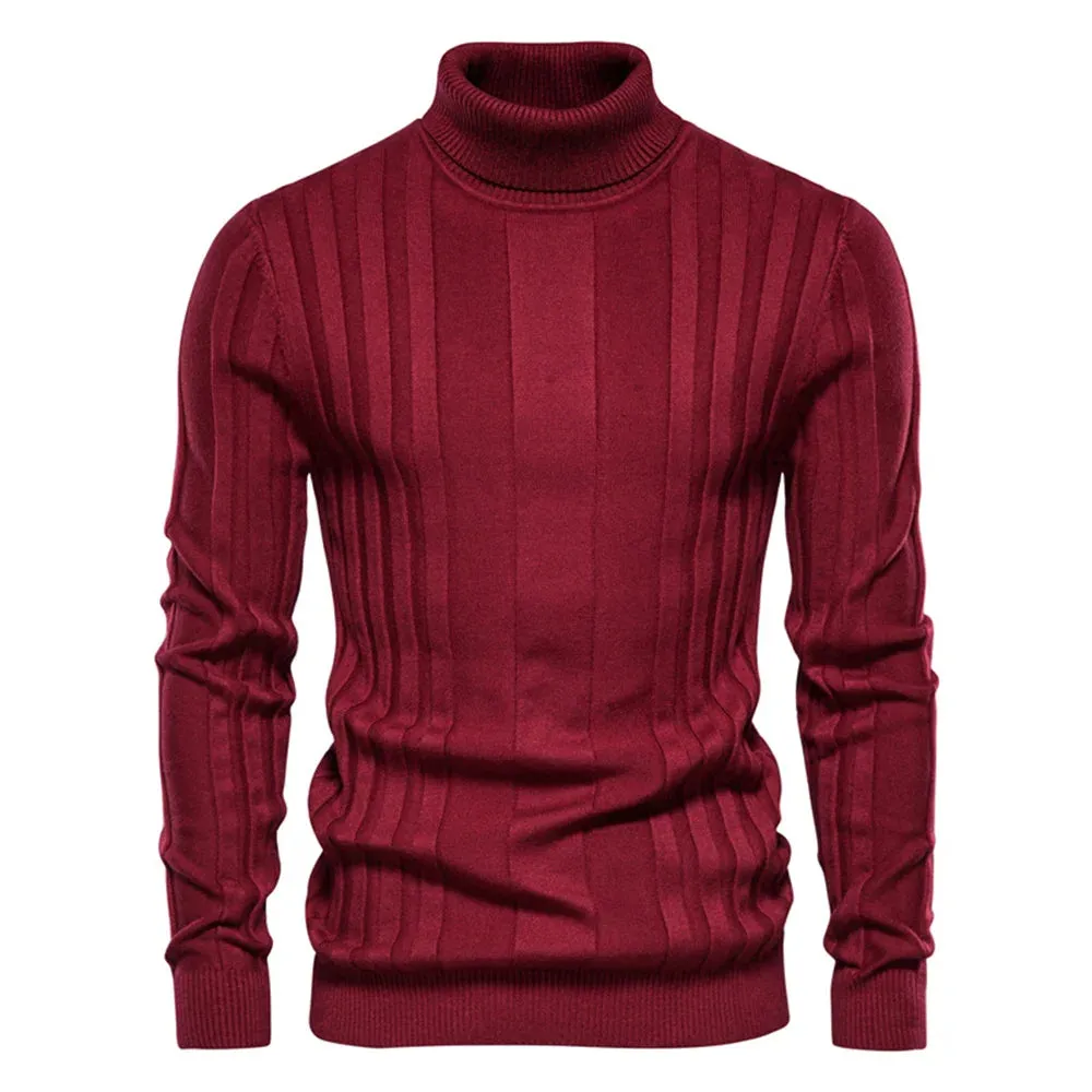 Slim Fit Pullovers Turtleneck Men Casual Basic Solid Color Warm Striped Sweater Mens New Winter Fashion Sweaters Male