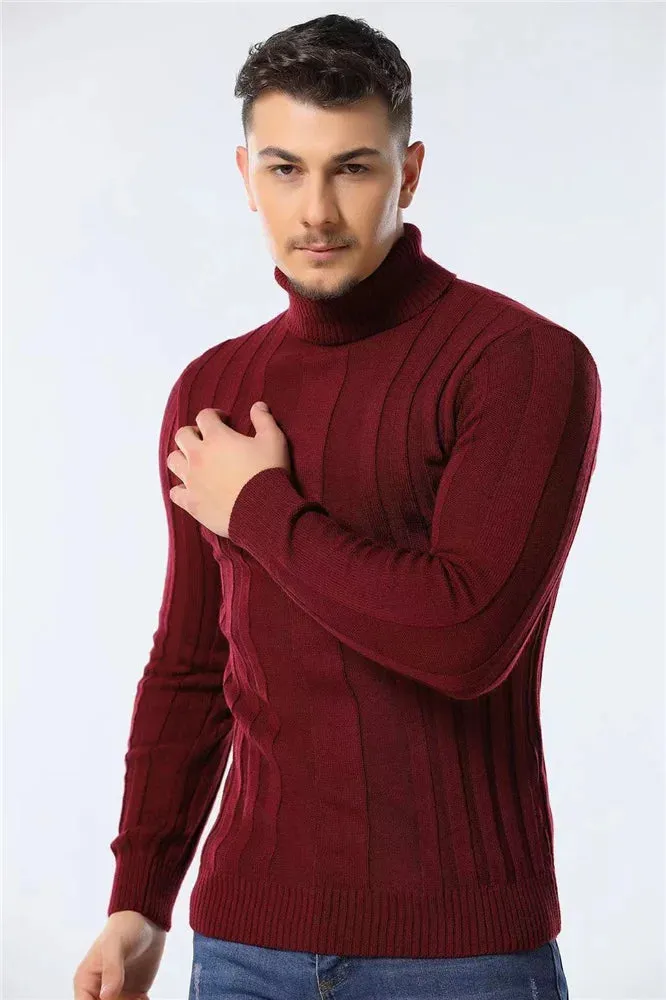 Slim Fit Pullovers Turtleneck Men Casual Basic Solid Color Warm Striped Sweater Mens New Winter Fashion Sweaters Male