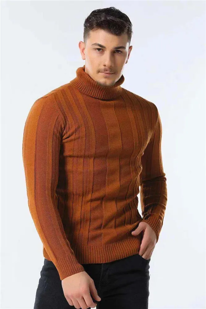 Slim Fit Pullovers Turtleneck Men Casual Basic Solid Color Warm Striped Sweater Mens New Winter Fashion Sweaters Male