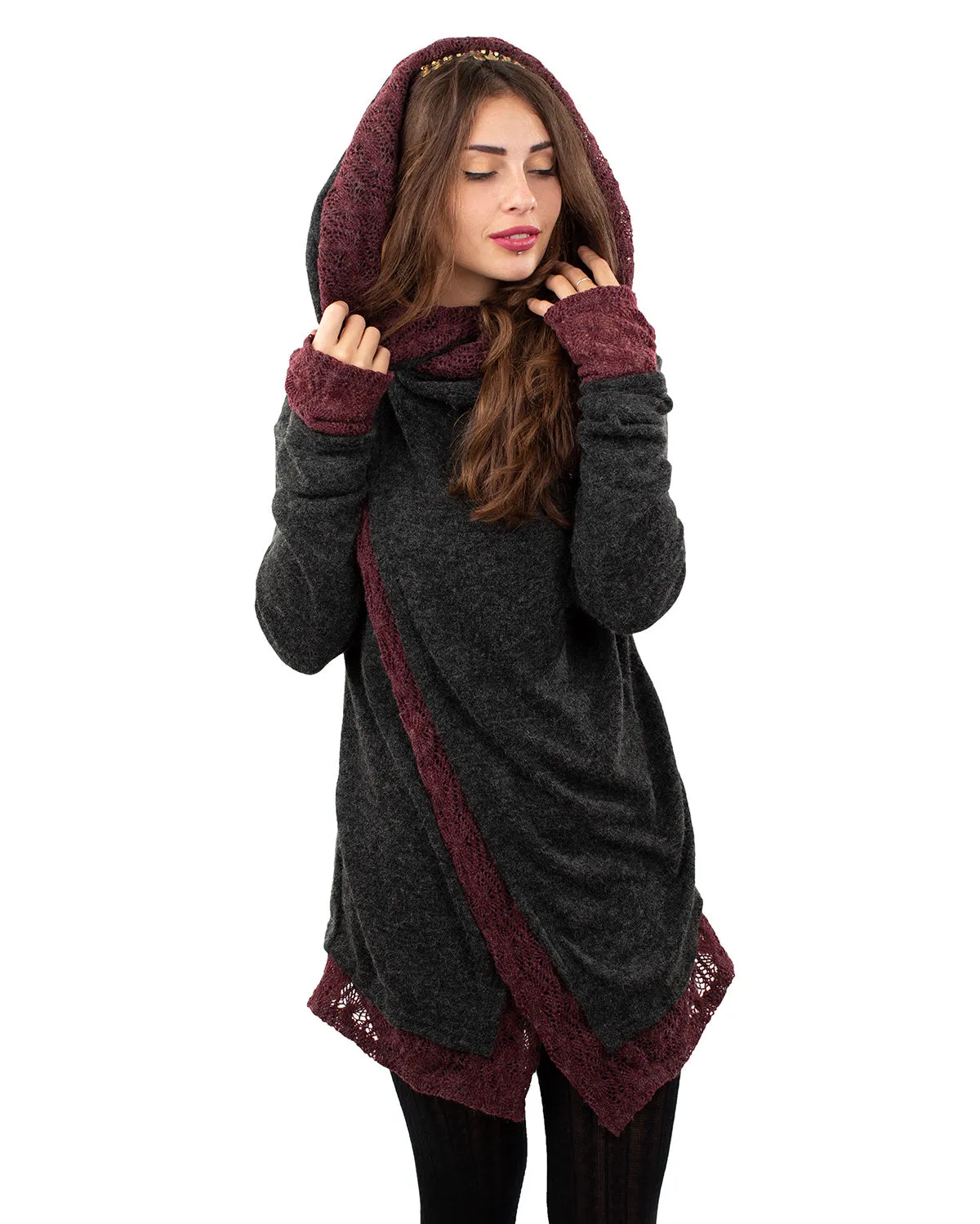 Solstice Crochet Lace Hooded Cardigan Jacket Charcoal/Wine