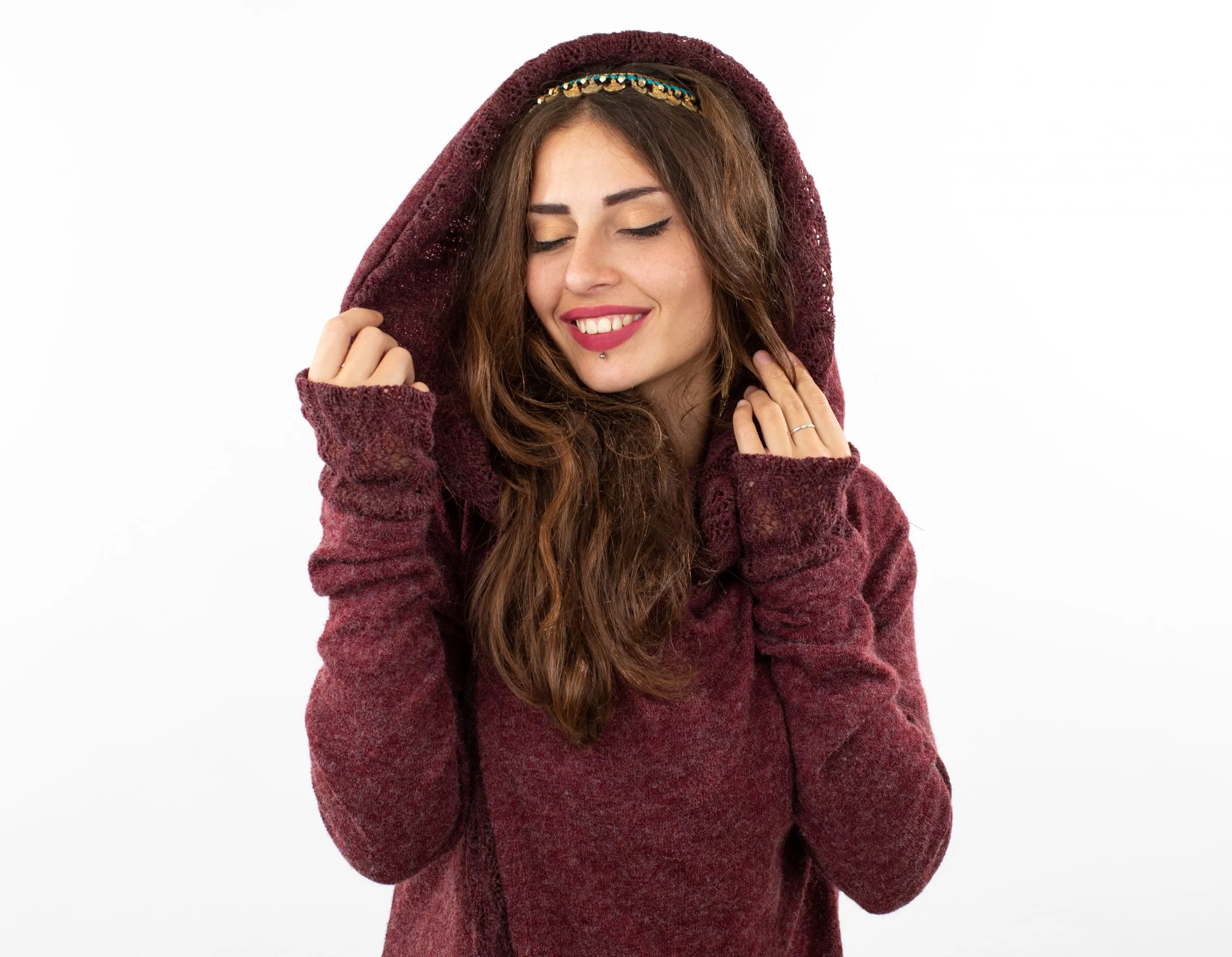 Solstice Crochet Lace Hooded Cardigan Jacket Wine/Red