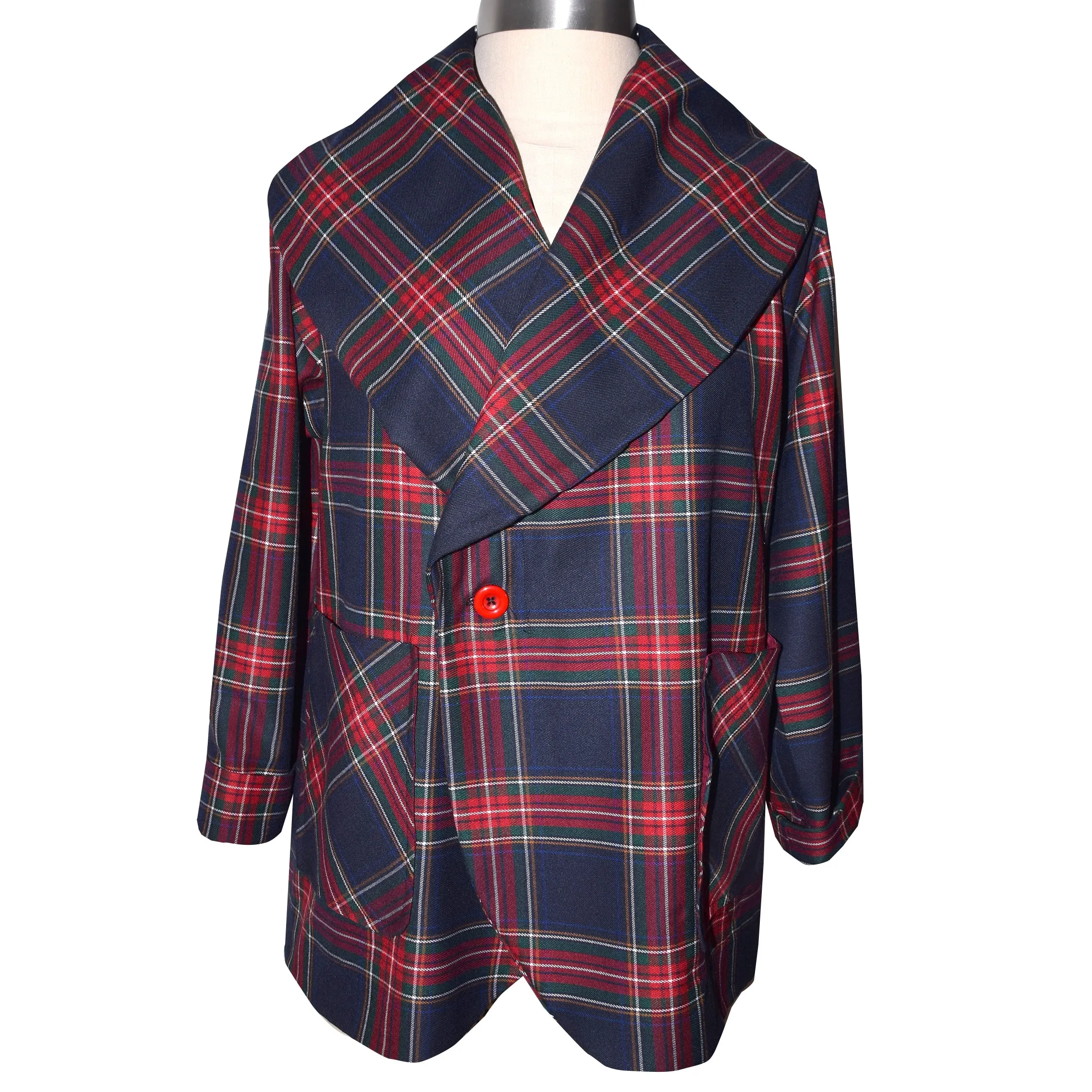 Striking Black Red Plaid Wool Blend Shawl Collar Jacket