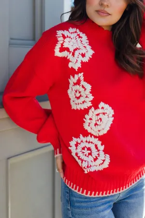 The Spring Is Springing Red Flower Embroidered Sweater