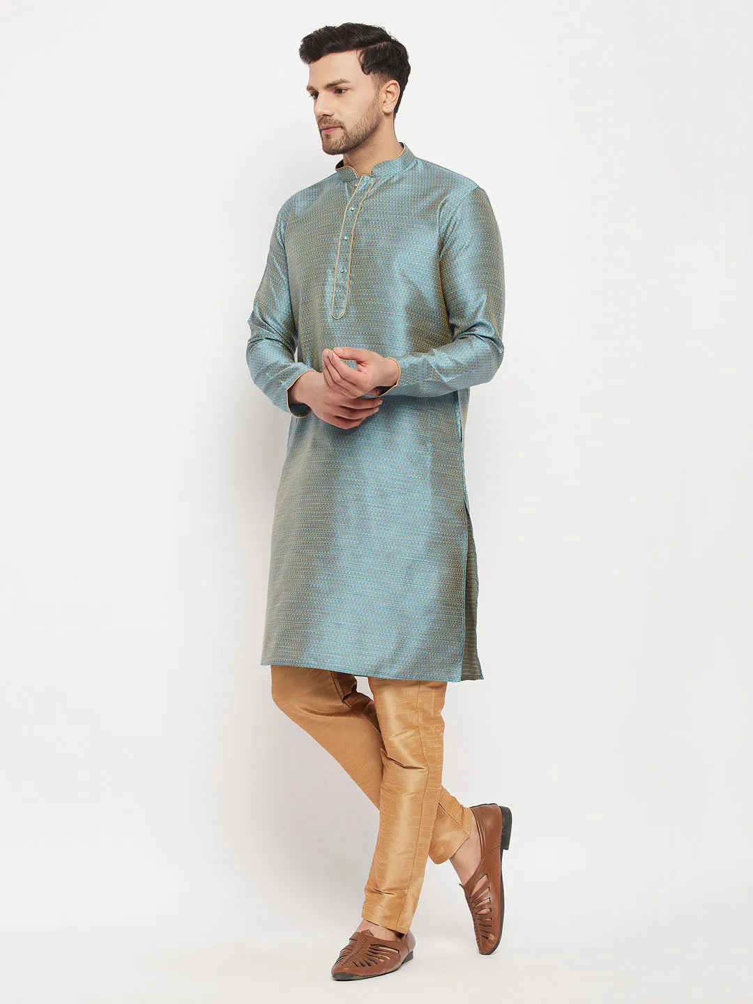 VASTRAMAY Aqua Blue Silk Blend Kurta Set