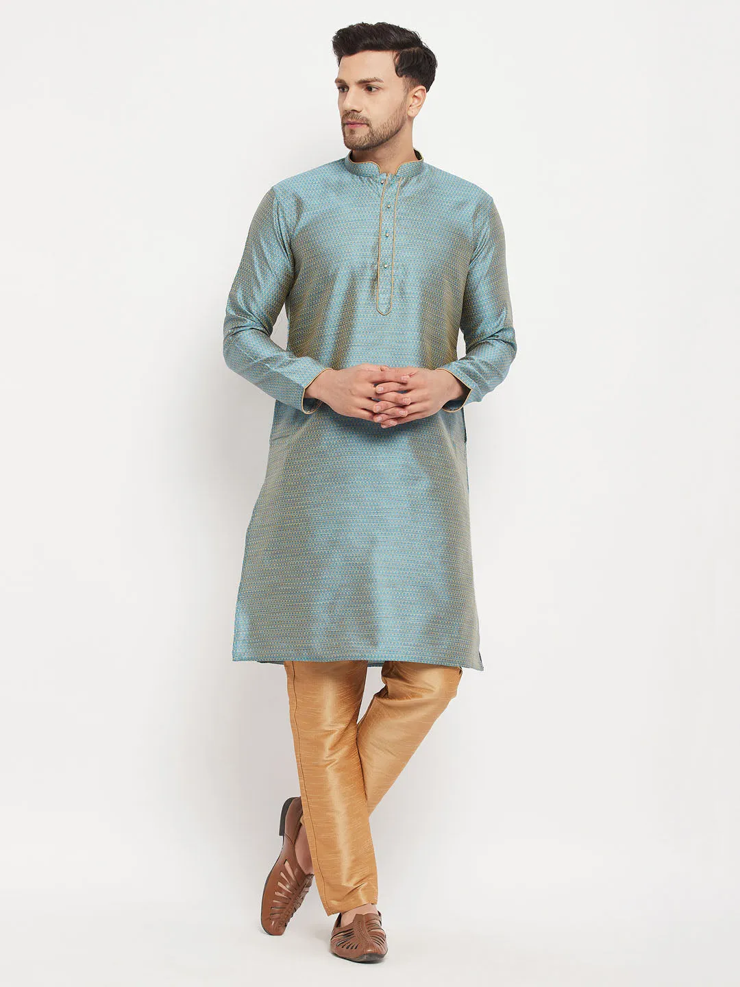 VASTRAMAY Aqua Blue Silk Blend Kurta Set