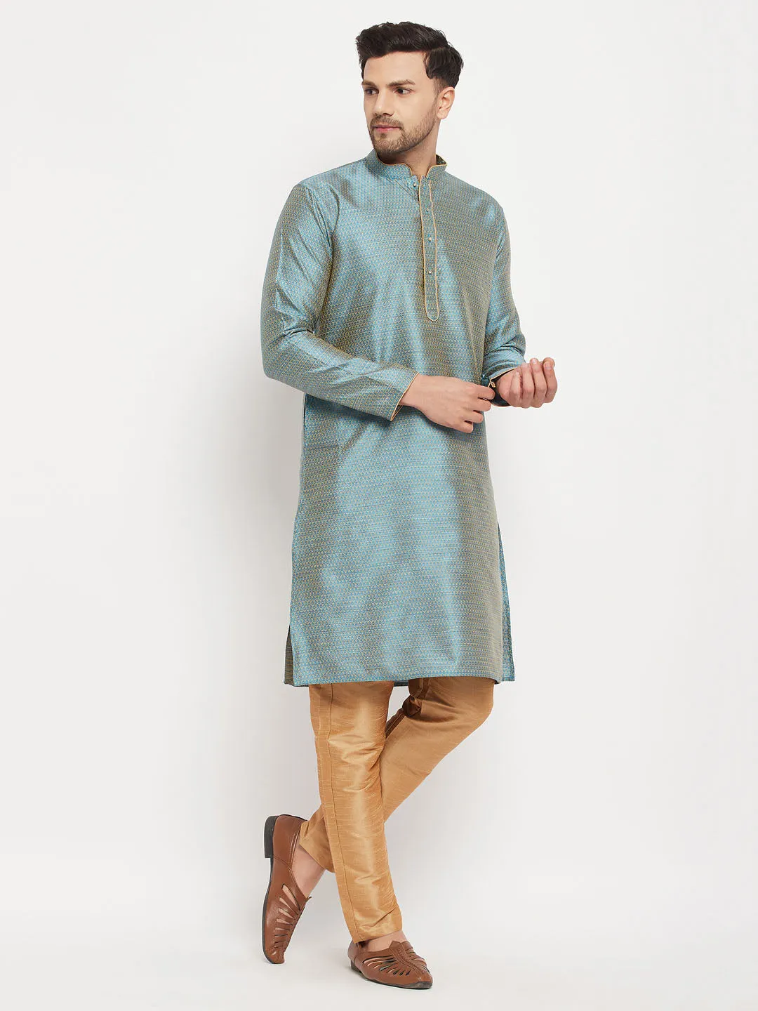 VASTRAMAY Aqua Blue Silk Blend Kurta Set