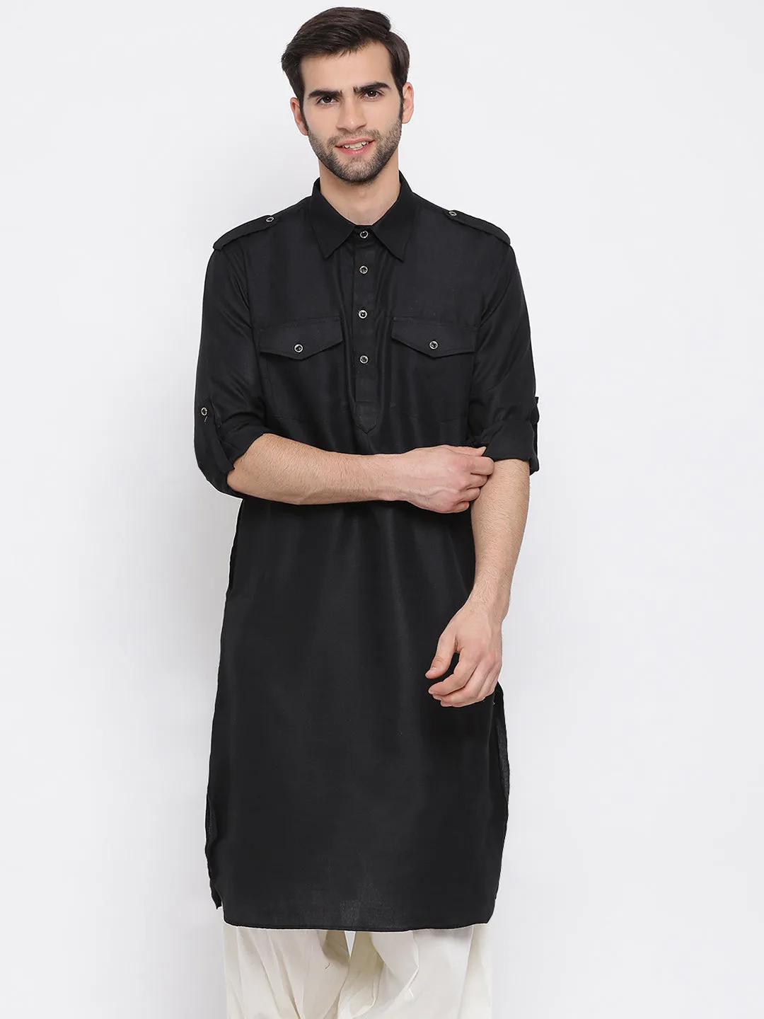 Vastramay Black Cotton Blend Baap Beta Pathani Kurta