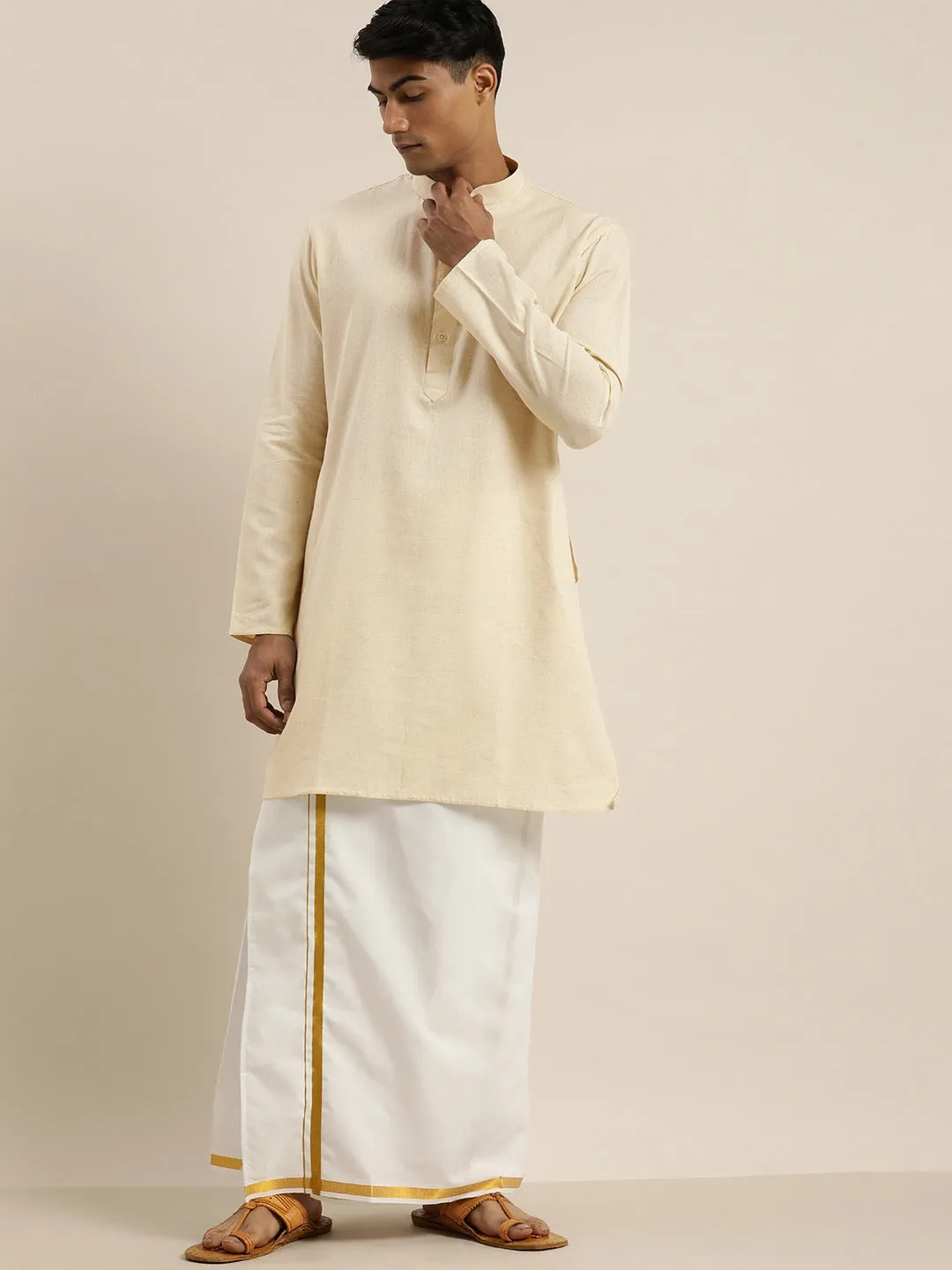 VASTRAMAY Cream Cotton Kurta with Mundu