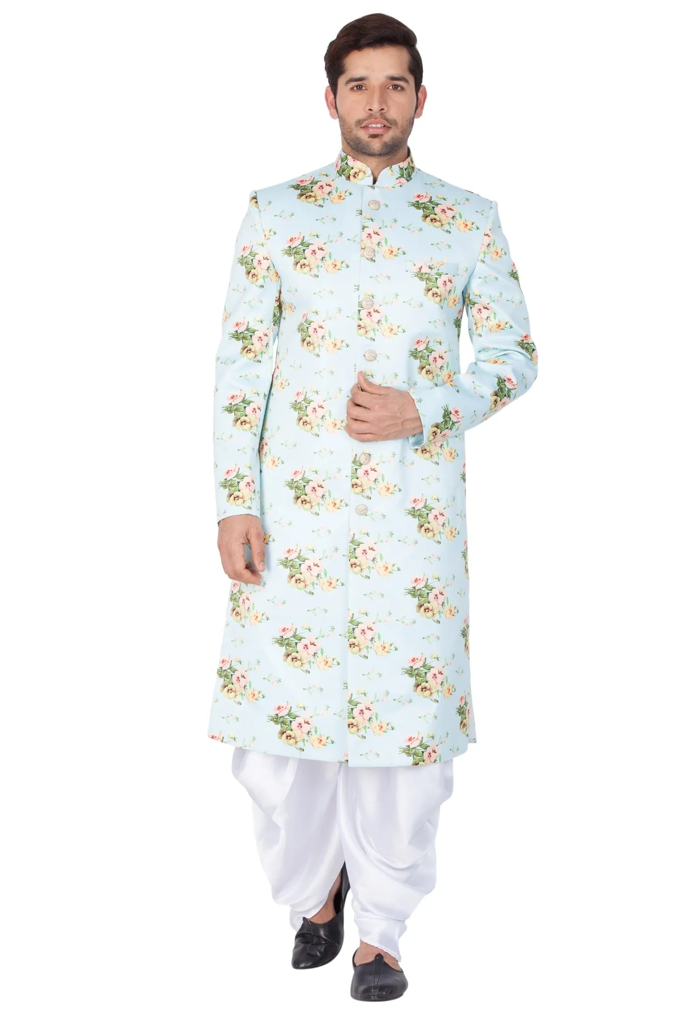 VASTRAMAY Light Green Floral Sherwani