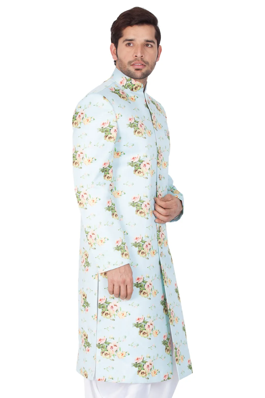 VASTRAMAY Light Green Floral Sherwani