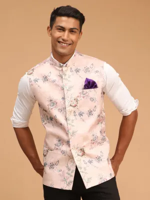 VASTRAMAY Light Pink Floral Printed Nehru Jacket