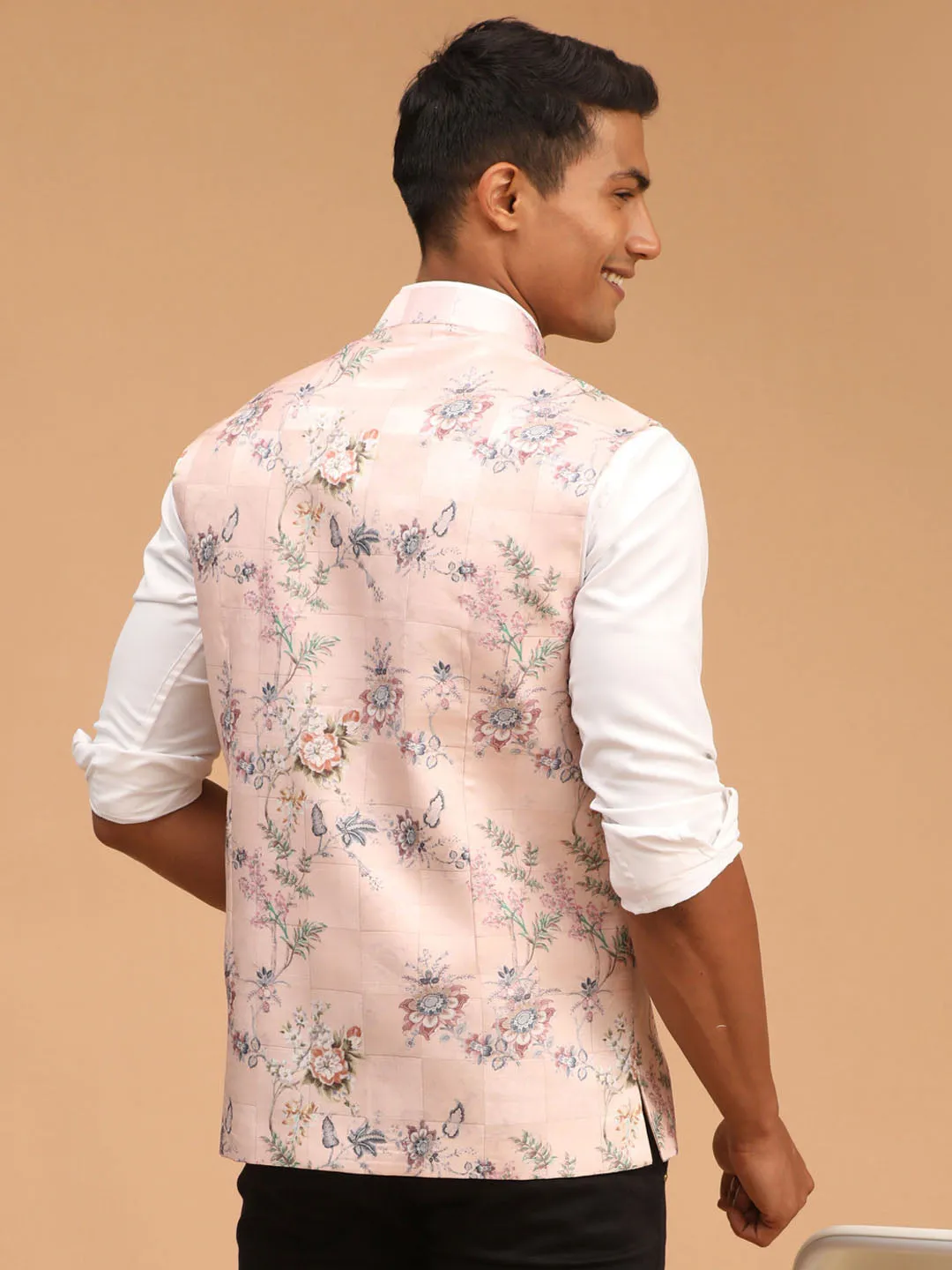 VASTRAMAY Light Pink Floral Printed Nehru Jacket