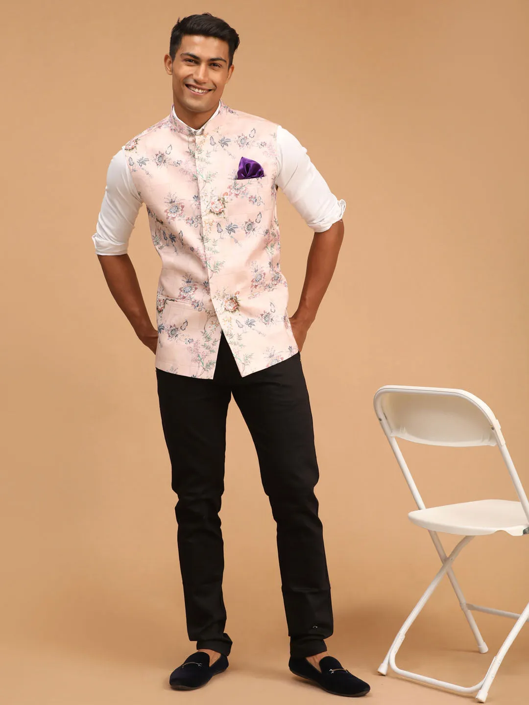 VASTRAMAY Light Pink Floral Printed Nehru Jacket