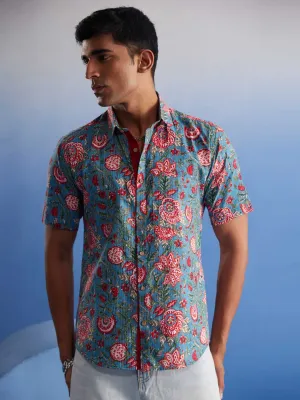 Vastramay Men's Aqua Kalamkari Cotton Shirt