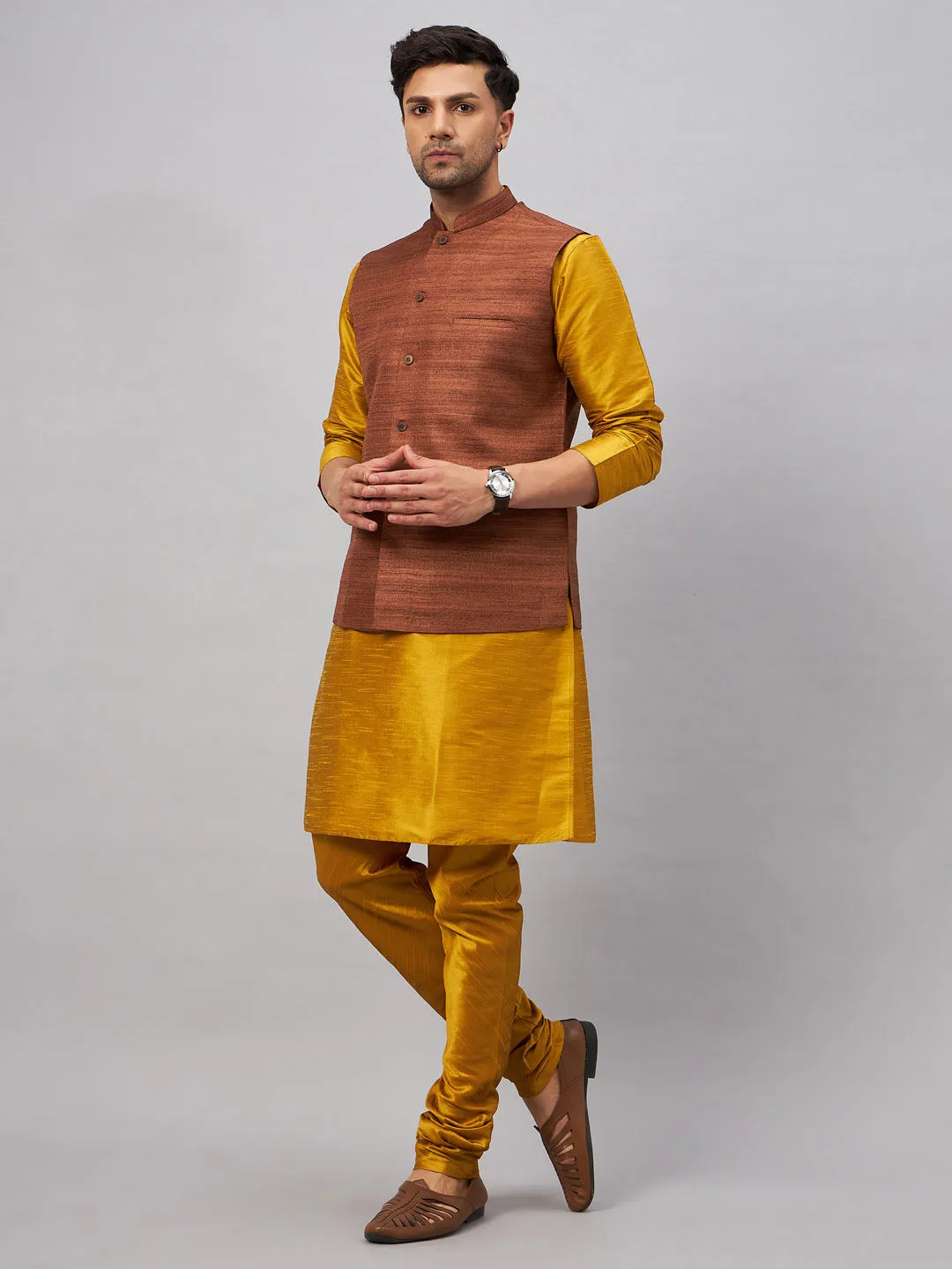 VASTRAMAY Men's Coffee Nehru Jacket Kurta Set