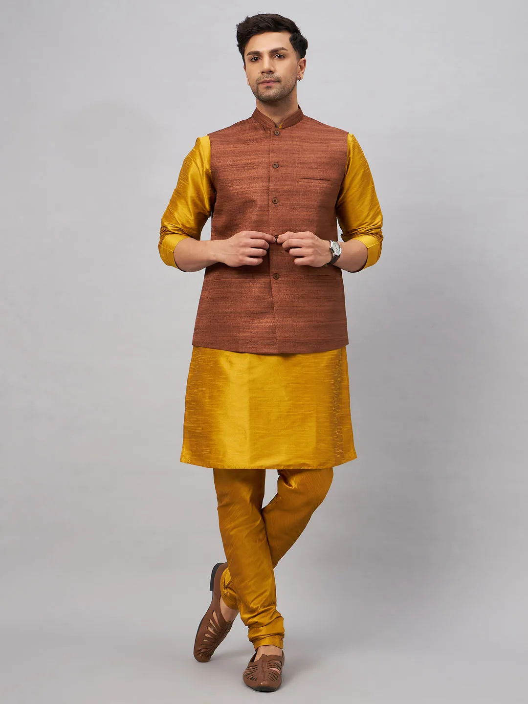 VASTRAMAY Men's Coffee Nehru Jacket Kurta Set