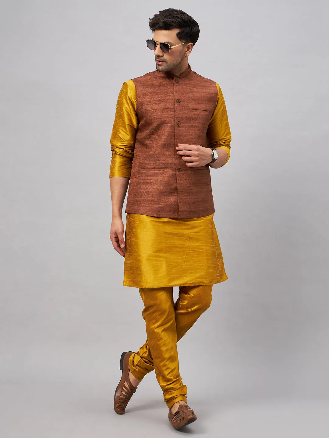 VASTRAMAY Men's Coffee Nehru Jacket Kurta Set