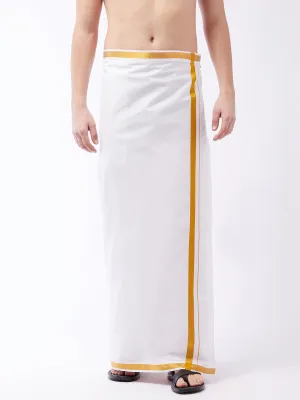 VASTRAMAY Men's White And Gold Dhoti/Mundu/Vesty